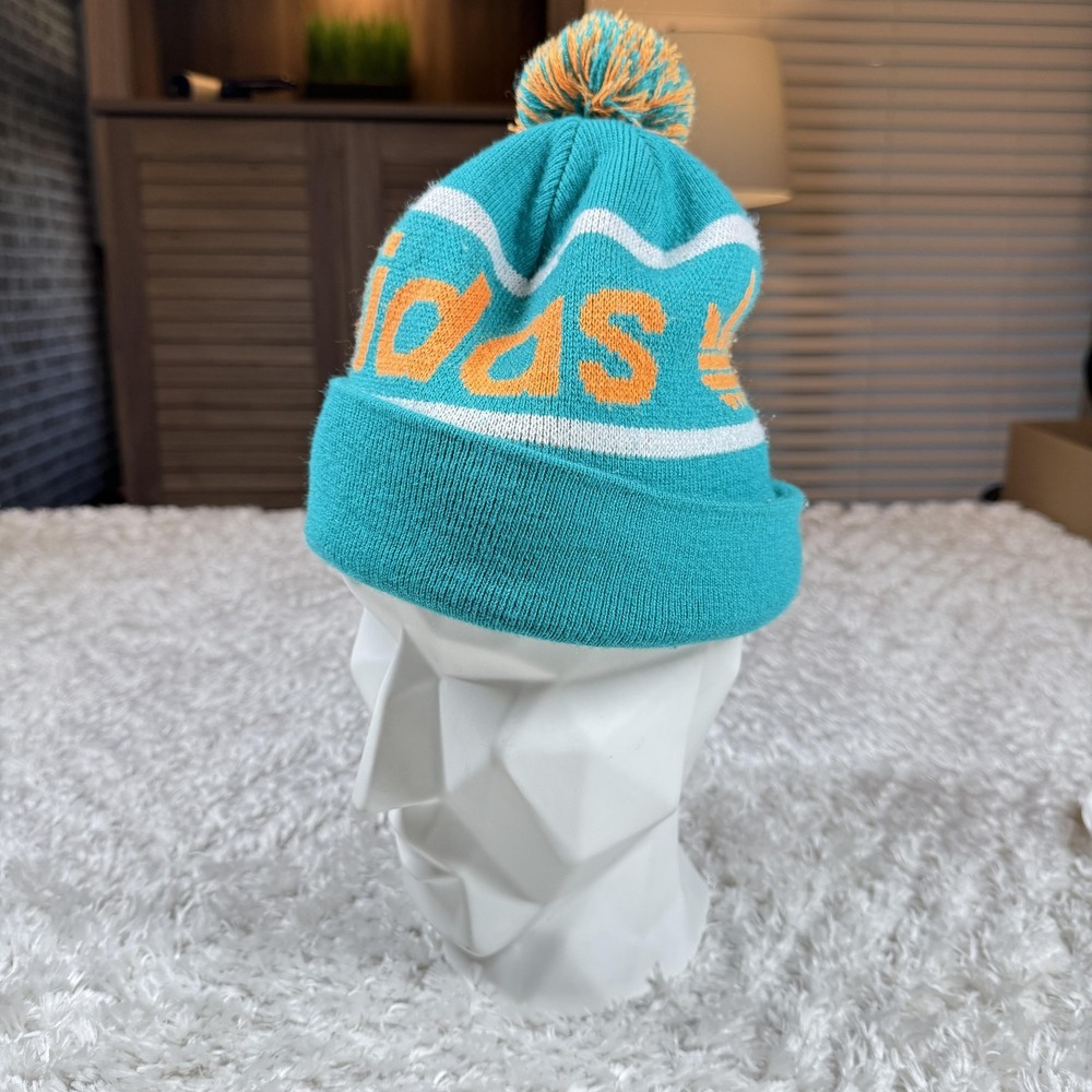 Adidas Originals Hat Beanie Pom Ski Teal Orange Knit Trefoil Winter Outdoors Y2K - Picture 3 of 9